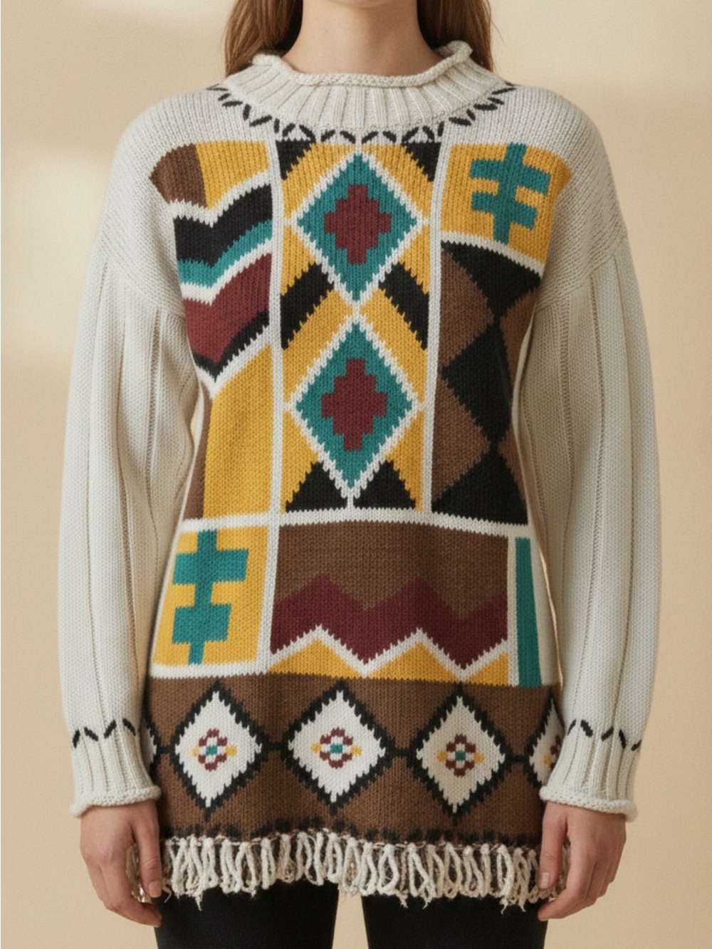 Vintage Celina Yang Cotton & Ramie Southwestern Sweater Sz M Shoulder Pads Knit